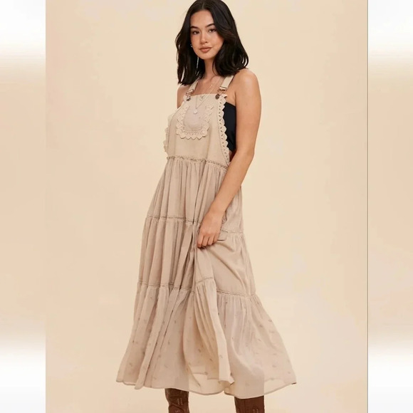 New Khaki Embroidered Skirtall Overall Jumper Midi Dress - Picture 1 of 5